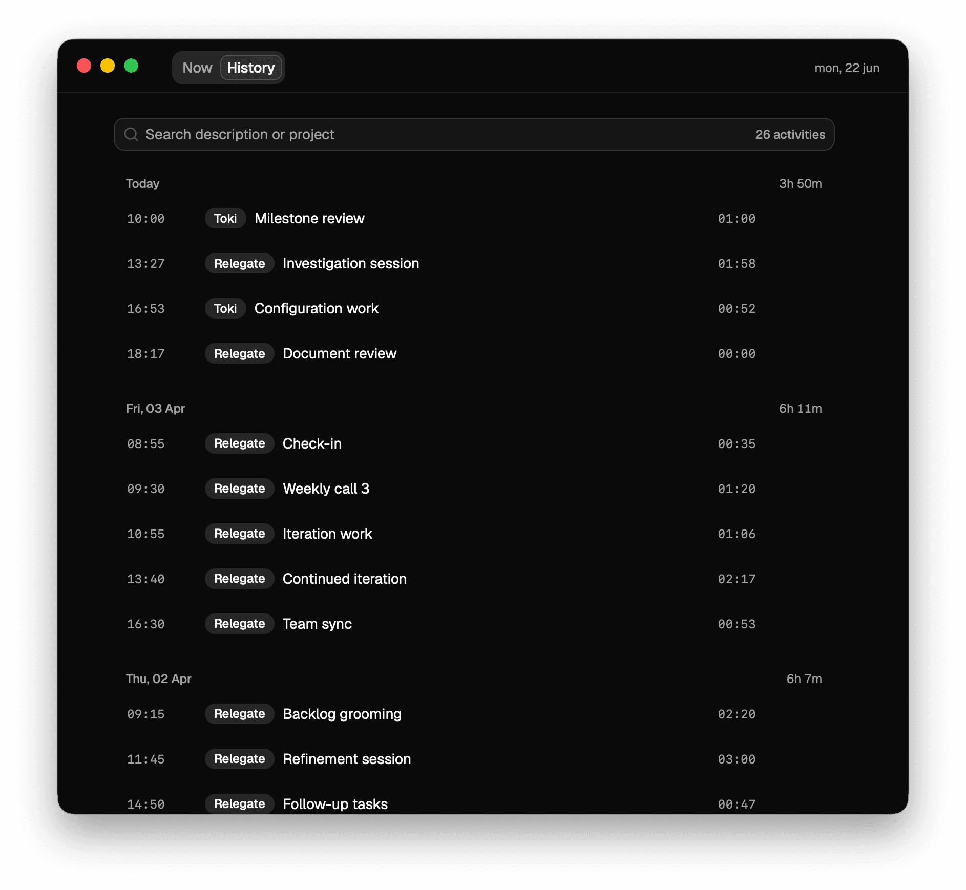 The Tokify app window in dark mode showing the History view: a list of past activities grouped by day