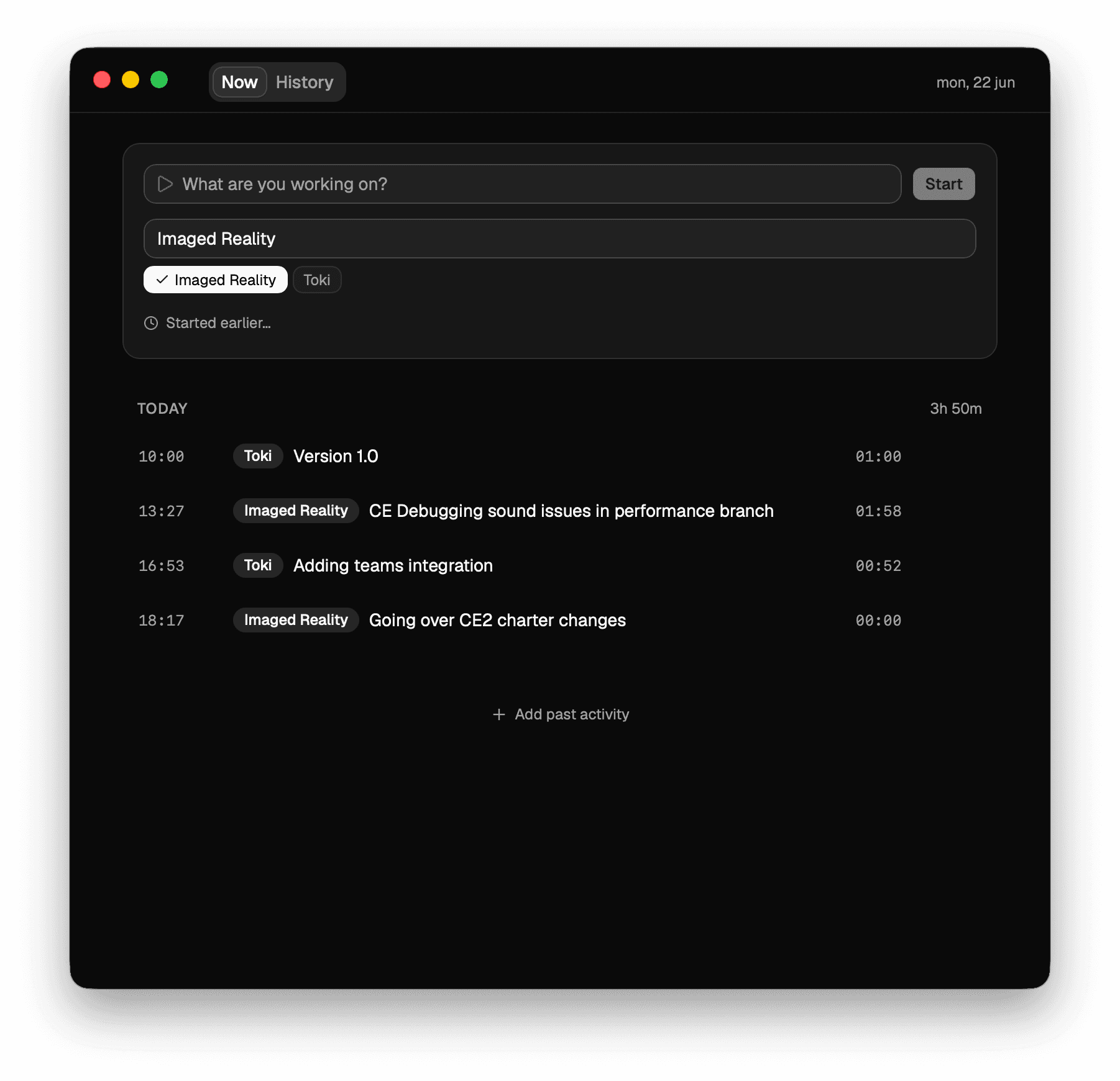 The Tokify app window in dark mode showing the Now view: an activity input, a running timer, and a Start button